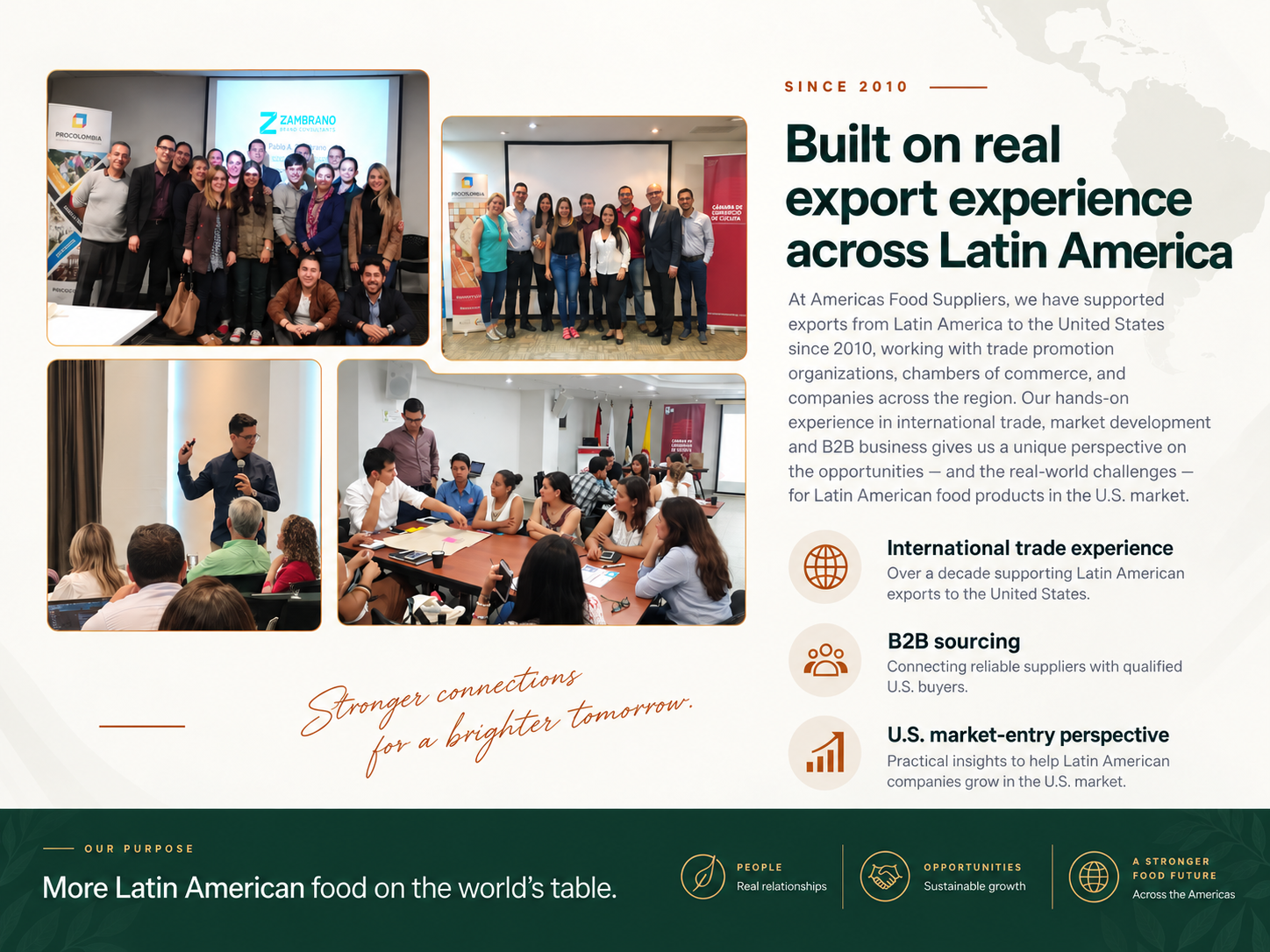 Americas Food Suppliers export experience across Latin America since 2010, including work with entrepreneurs, chambers of commerce and trade promotion initiatives.